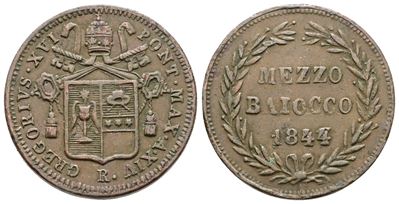 Stato Pontificio, Roma. Gregorio XVI (1831-1846). Mezzo baiocco 1844, 5,08 g, Gig. 210a