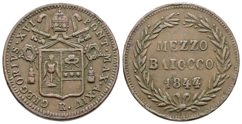 Stato Pontificio, Roma. Gregorio XVI (1831-1846). Mezzo baiocco 1844, 5,08 g, Gig. 210a