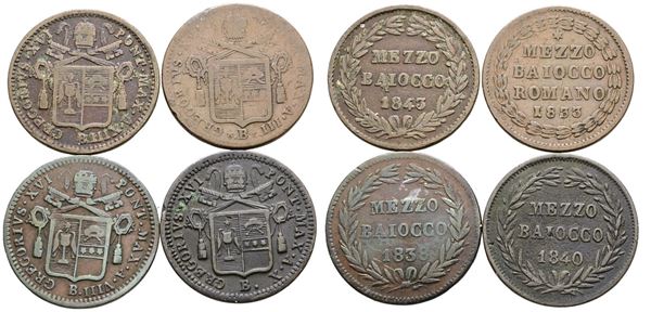 STATO PONTIFICIO. ROMA. Gregorio XVI (1831-1846). Lotto di 4 monete da mezzo baiocco 1843-1833-1838-1840. Cu; Conservazioni differenti.