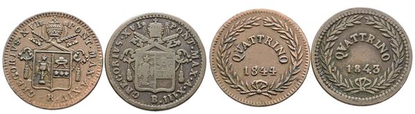 STATO PONTIFICIO. ROMA. Gregorio XVI (1831-1846). Lotto di 2 monete da un quattrino 1844-1843. Cu; Conservazioni differenti.