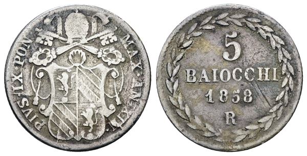 STATO PONTIFICIO. ROMA. Pio IX (1846-1870). 5 baiocchi 1858 anno XIII. Ag; 1,43gr; Gig.154; BB