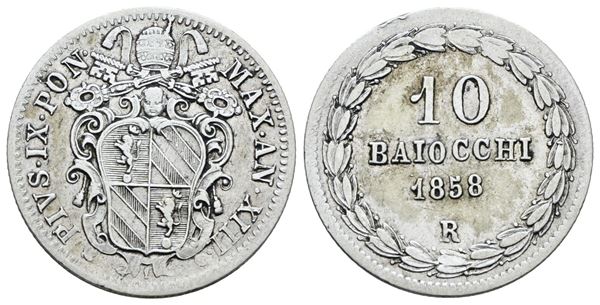 STATO PONTIFICIO. ROMA. Pio IX (1846-1870). 10 baiocchi 1858 anno XIII. Ag; 2,89gr; Gig.126; BB
