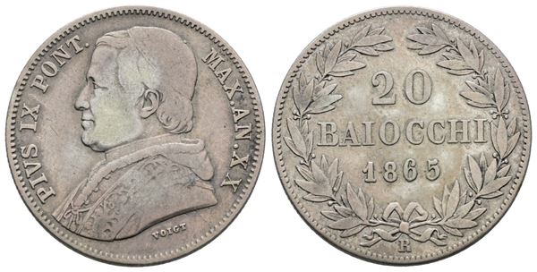 STATO PONTIFICIO. ROMA. Pio IX (1846-1870). 20 baiocchi 1865 anno XX. Ag; 5,71gr; Gig.108; BB