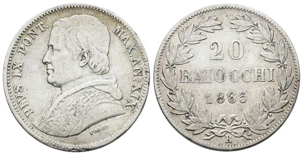 STATO PONTIFICIO. ROMA. Pio IX (1846-1870). 20 baiocchi 1865 anno XIX. Ag; 5,71gr; Gig.107a; BB+