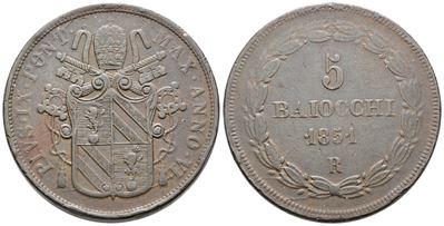 Pio IX, 5 baiocchi 1851, anno VI