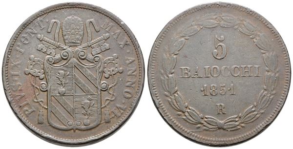 STATO PONTIFICIO. ROMA. Pio IX (1846-1870). 5 baiocchi 1851 anno VI. Cu; 42gr; Gig.176; BB+