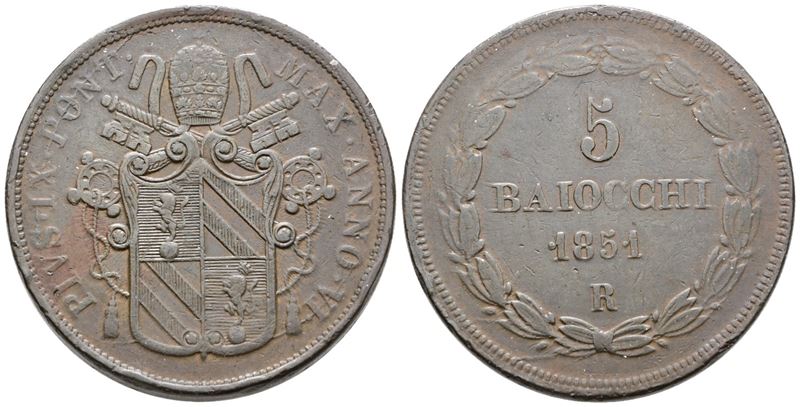 Pio IX, 5 baiocchi 1851, anno VI