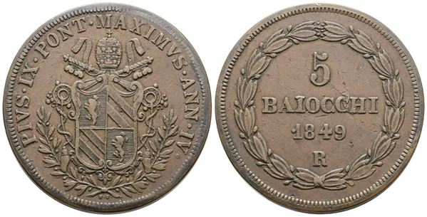 STATO PONTIFICIO. ROMA. Pio IX (1846-1870). 5 baiocchi 1849 anno IV. Cu; 42gr; Gig.166; BB/SPL