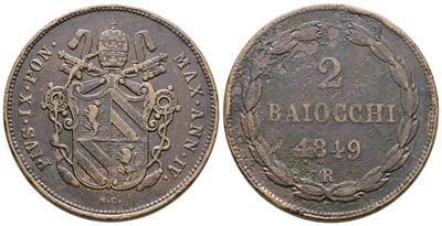 STATO PONTIFICIO, Due baiocchi di Pio IX, 1849