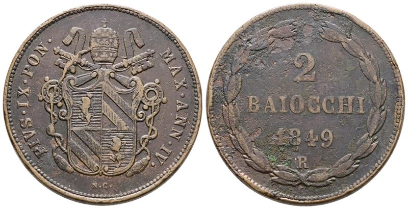 STATO PONTIFICIO, Due baiocchi di Pio IX, 1849