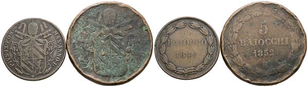 STATO PONTIFICIO. Pio IX (1846-1870). Lotto di 2 monete da 2 baiocchi 1847 B e 5 baiocchi 1852 R. Cu; Conservazioni differenti
