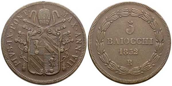 STATO PONTIFICIO. ROMA. Pio IX (1846-1870). 5 baiocchi 1852 anno VII. Cu; 42gr; Gig.180; BB/SPL