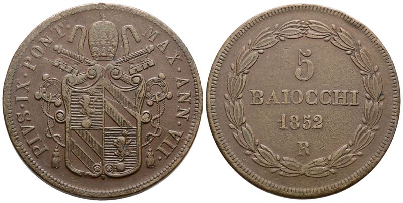 Stato Pontificio, 5 Baiocchi, 1852, Anno VII di Pio IX