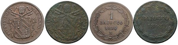 STATO PONTIFICIO. ROMA. Pio IX (1846-1870). Lotto di 2 monete da 1 baiocco 1850-1848. Cu; Conservazioni differenti