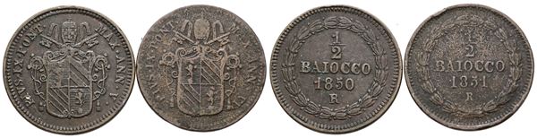 STATO PONTIFICIO. ROMA. Pio IX (1846-1870). Lotto di 2 monete da mezzo baiocco 1850-1851. Cu; Conservazioni differenti