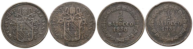 Stato Pontificio. Roma. Pio IX (1846-1870). Lotto di 2 Monete da Mezzo Baiocco 1850-1851. Cu; Con...