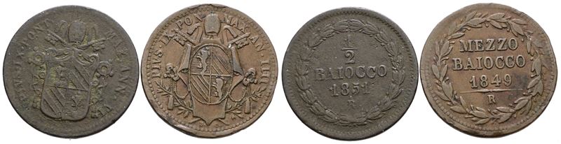 Pio IX (1846-1870), Lotto di 2 monete da mezzo baiocco 1851-1849, Cu