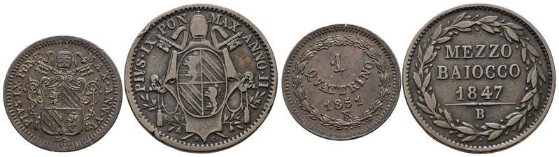 Pio IX, Lotto di 2 monete da 1 quattrino (1851 R) e mezzo baiocco (1847 B)
