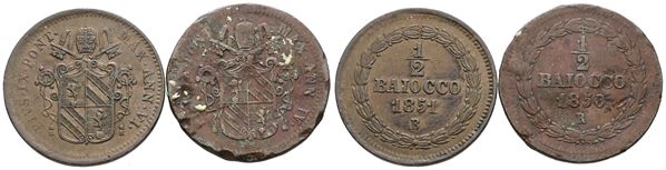 STATO PONTIFICIO. Pio IX (1846-1870). Lotto di 2 monete da mezzo baiocco 1851 B - 1850 R. Cu; Conservazioni differenti