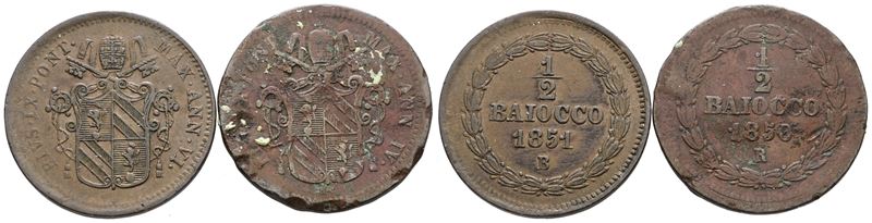 Monete del Stato Pontificio, Pio IX, Lotto di 2 mezzi baiocchi 1851 B e 1850 R