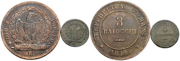 REPUBBLICA ROMANA. ROMA (1848-1849). Lotto di 2 monete da 3 e 4 baiocchi 1849. Metalli e conservazioni differenti.