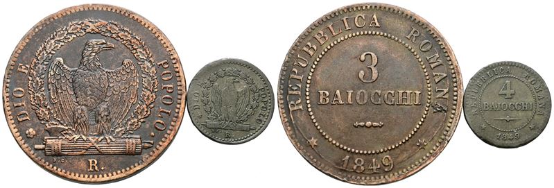 Monete della Repubblica Romana, Lotto di 2 monete da 3 e 4 baiocchi del 1849