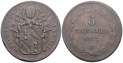 Stato Pontificio, 5 baiocchi Pio IX (1846-1870), 1852, Cu, 42gr