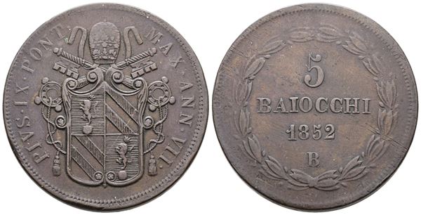 STATO PONTIFICIO. BOLOGNA. Pio IX (1846-1870). 5 baiocchi 1852 anno VII. Cu; 42gr; Gig.181; BB+