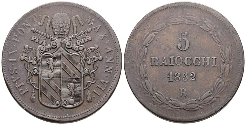 Stato Pontificio, 5 baiocchi Pio IX (1846-1870), 1852, Cu, 42gr