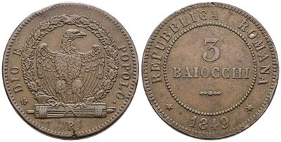 Moneta della Repubblica Romana, 3 baiocchi del 1849, in rame