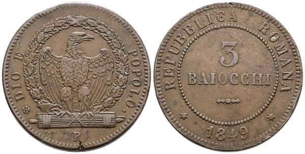 REPUBBLICA ROMANA. ROMA (1849-1849). 3 baiocchi 1849. Cu; 25gr; Gig.7; BB+, colpo al bordo.