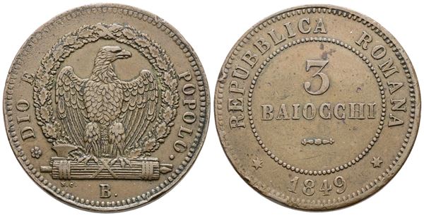 REPUBBLICA ROMANA. BOLOGNA (1849-1849). 3 baiocchi 1849. Cu; 25gr; Gig.8; BB+, colpetti al bordo.