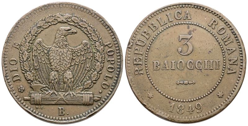 Moneta della Repubblica Romana, 3 baiocchi 1849, Bologna