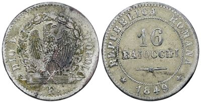 Moneta della Repubblica Romana, 16 baiocchi 1849