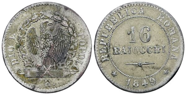 REPUBBLICA ROMANA. ROMA (1849-1849). 16 baiocchi 1849. Mi; 7,8gr; Gig.2; BB+