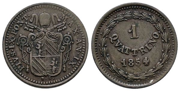 STATO PONTIFICIO. BOLOGNA. Pio IX(1846-1870). Quattrino 1854. Cu; 2gr; Gig.256a; Raro; BB+