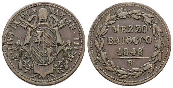 STATO PONTIFICIO. ROMA. Pio IX(1846-1870). Mezzo baiocco 1848 anno III. Cu; 5gr; Gig.239; Raro; BB+