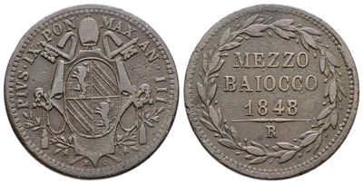 STATO PONTIFICIO, Pio IX (1846-1870), Mezzo baiocco del 1848, anno III