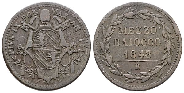 STATO PONTIFICIO. ROMA. Pio IX(1846-1870). Mezzo baiocco 1848 anno III. Cu; 5gr; Gig.239; Raro; BB