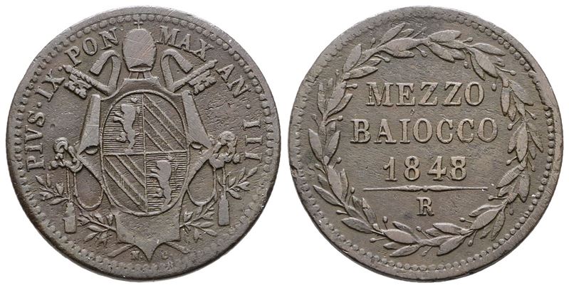 STATO PONTIFICIO, Pio IX (1846-1870), Mezzo baiocco del 1848, anno III
