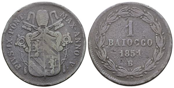 STATO PONTIFICIO. BOLOGNA. Pio IX(1846-1870). Baiocco 1851 anno V. Cu; 10gr; Gig.229; Raro; MB