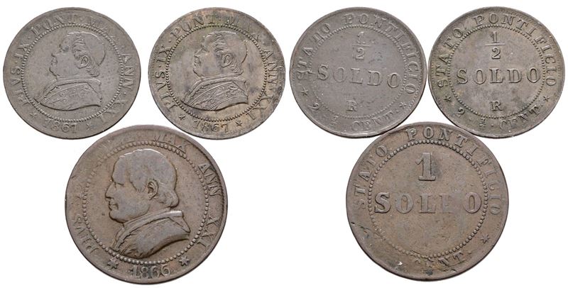 Stato Pontificio. Roma. Pio IX(1846-1870). Lotto di 3 Monete da 1 Soldo e Mezzo Soldo. Cu; Anni e...