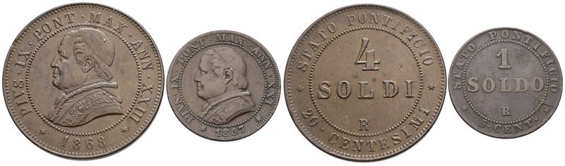 Stato Pontificio, Lotto di 2 monete da 4 soldi e 1 soldo di Pio IX (1846-1870)