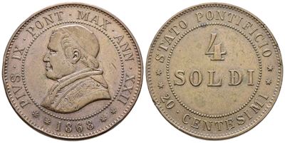 Pio IX, Moneta da 4 soldi 1868, Stato Pontificio, Roma