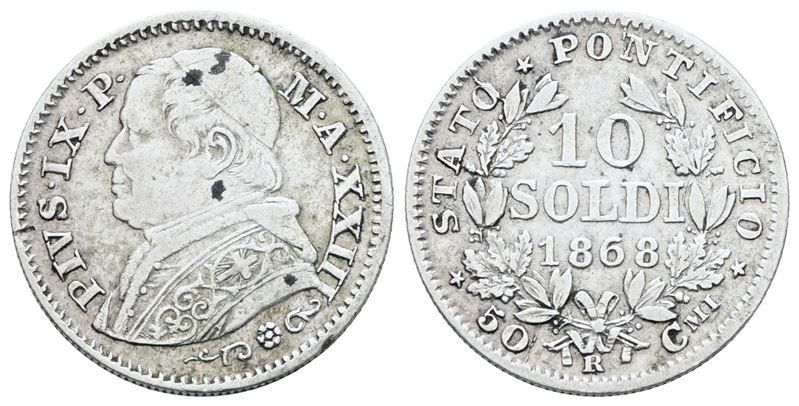 Stato Pontificio. Roma. Pio IX(1846-1870). 10 Soldi 1868 Anno XXIII. Ag; 2,5gr; Gig.309; Bb
