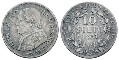 Pio IX, 10 soldi 1867, Stato Pontificio, Roma