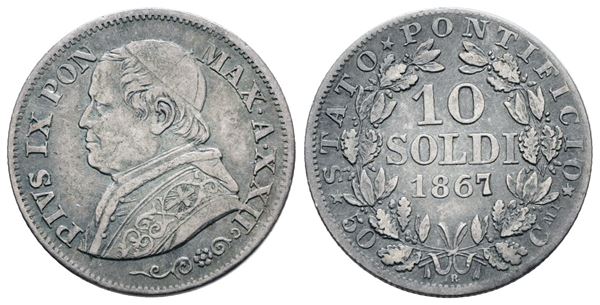 STATO PONTIFICIO. ROMA. Pio IX(1846-1870). 10 soldi 1867 anno XXII. Ag; 2,5gr; Gig.307; BB/SPL