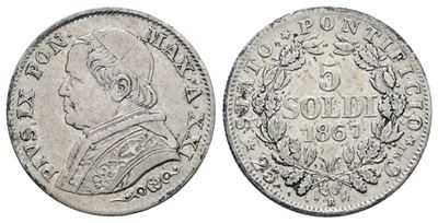 Pio IX, 5 soldi 1867, Ag 1,25g, Gig. 313