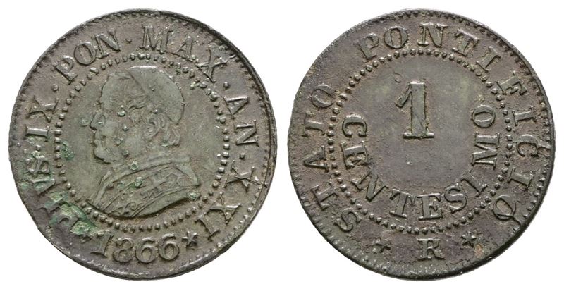 Stato Pontificio. Roma. Pio IX(1846-1870). 1 Centesimo 1866 Anno XXI. Cu; 1gr; Gig.330; Bb+