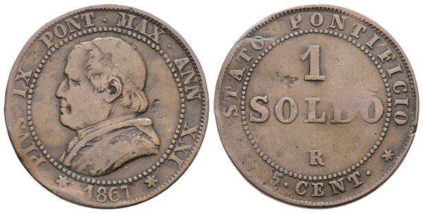 STATO PONTIFICIO. ROMA. Pio IX(1846-1870). Soldo 1867 anno XXI. Cu; 5gr; Gig.326a; Raro; Q.BB